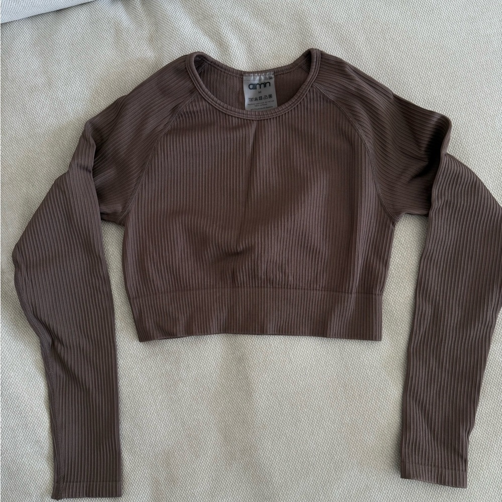 Brown Ribbed Long Sleeve Crop Top